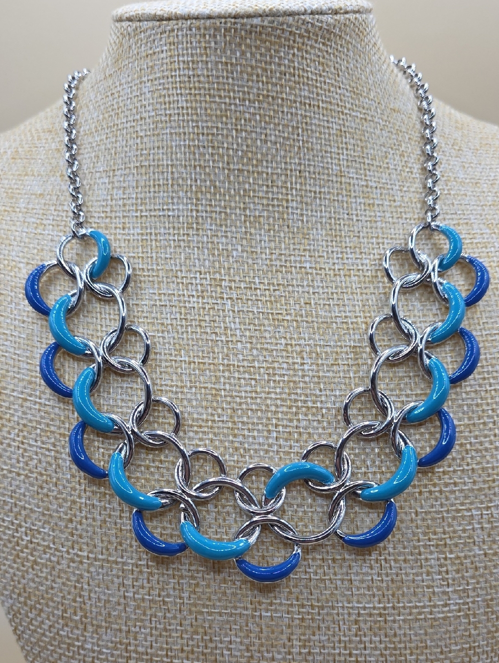 Reversible Silver-tone Chain Necklace with Blue and Teal Enamel Links